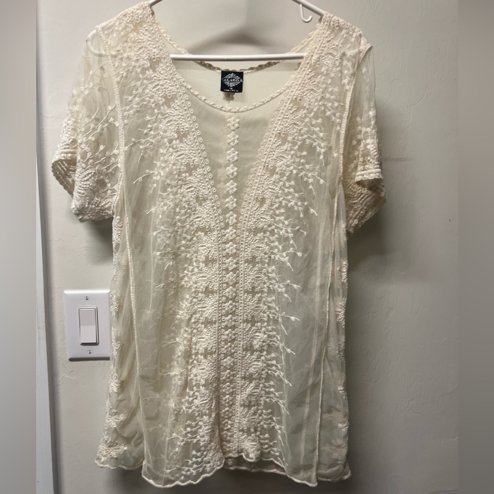 Cal Style Womens Lace Embroidered Top Or Pool Cover Up Ivory Sz M